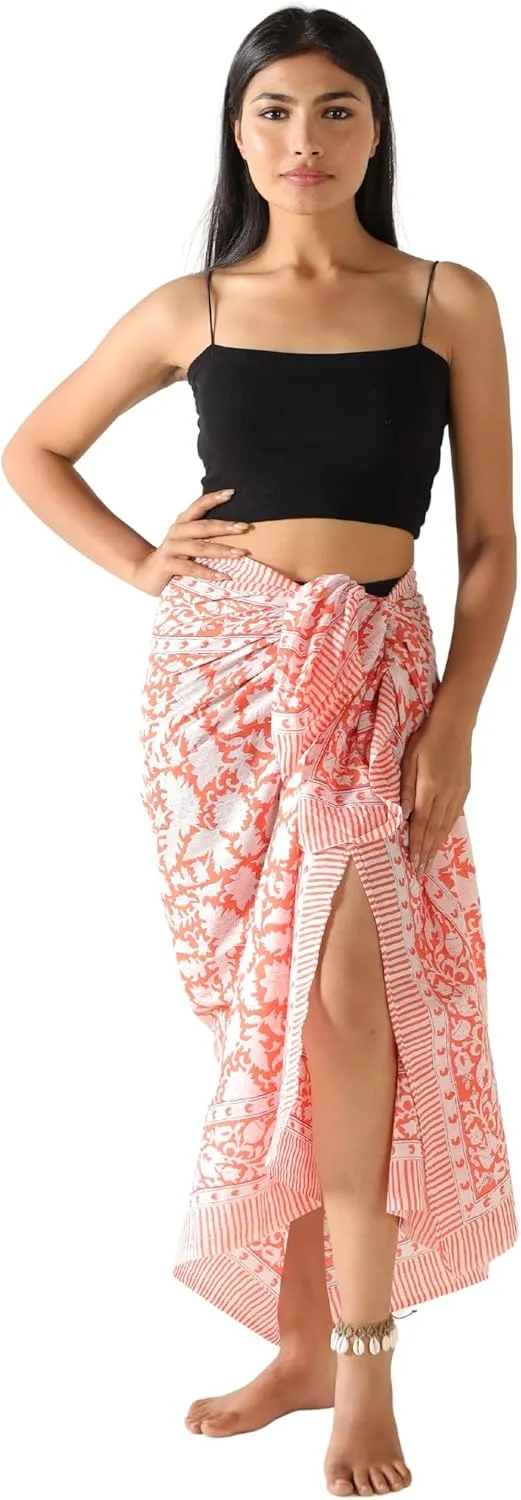100% Cotton Sarong Coverup for Women Indian Hand Block Print Swimsuit Pareo Wrap Skirt Beach Bikini Cover Up Long (73" x 43")