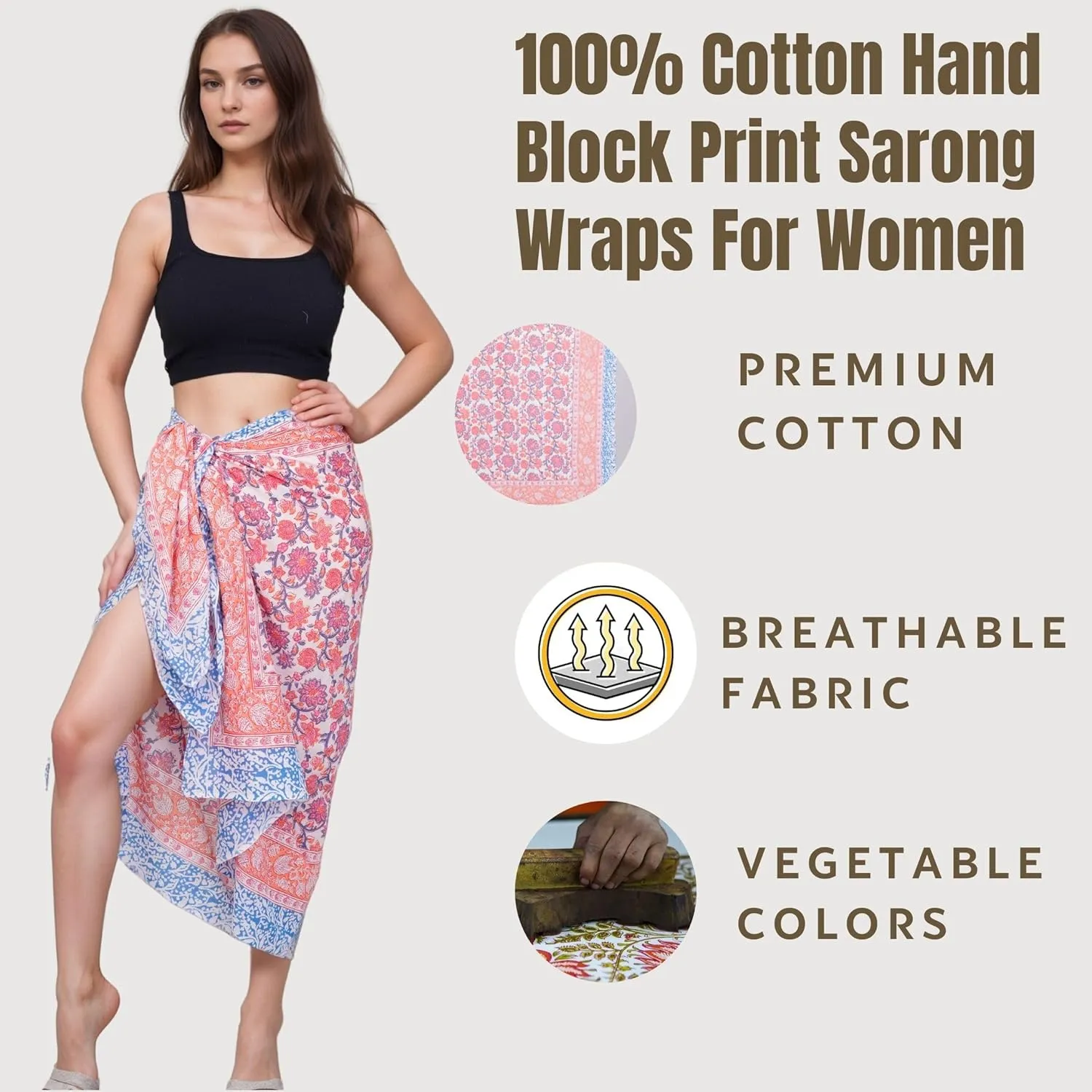 100% Cotton Swimsuit Beach Sarong Cover Ups for Women Swimwear Pareo Indian Hand Block Print Beach Bikini Wrap Skirt
