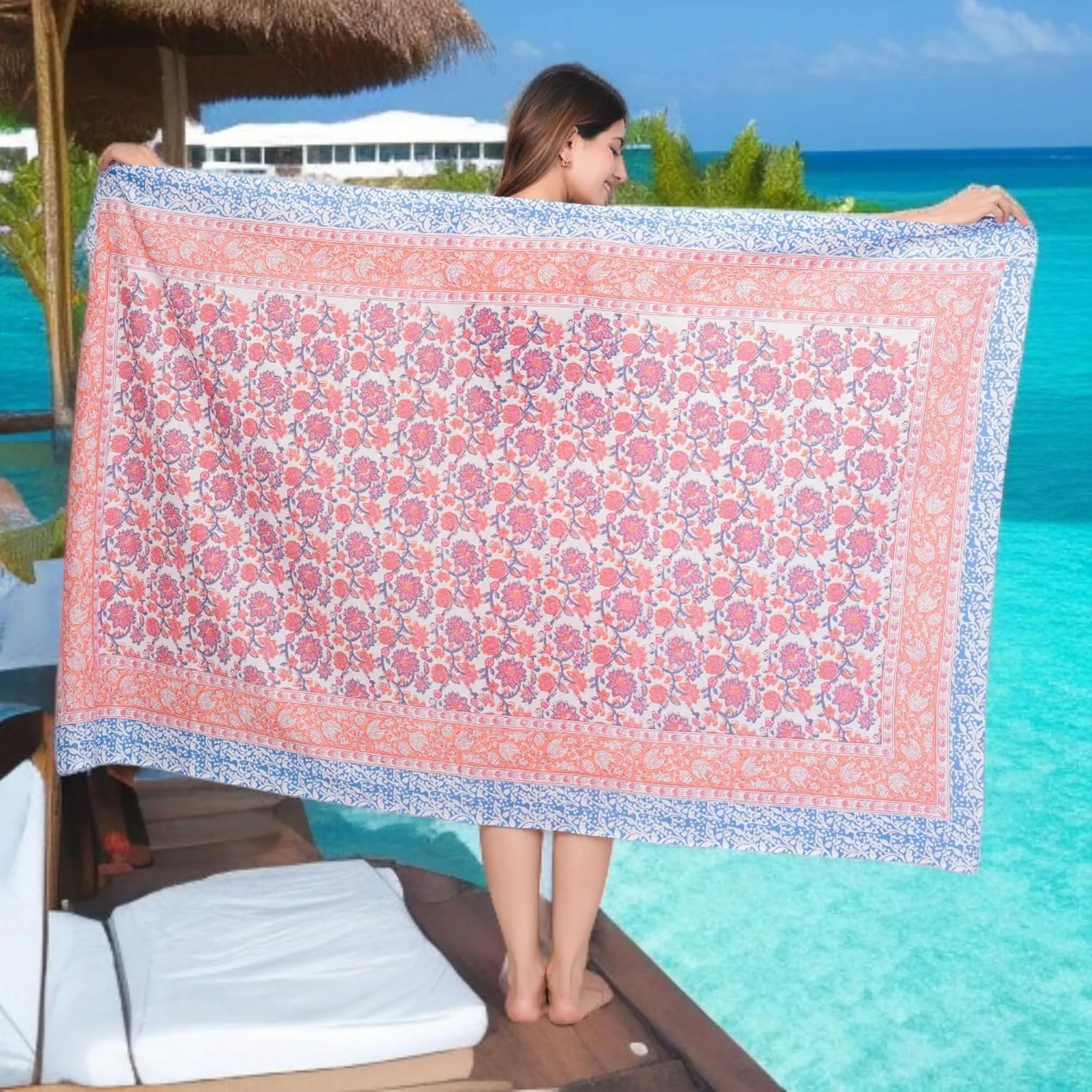 100% Cotton Swimsuit Beach Sarong Cover Ups for Women Swimwear Pareo Indian Hand Block Print Beach Bikini Wrap Skirt