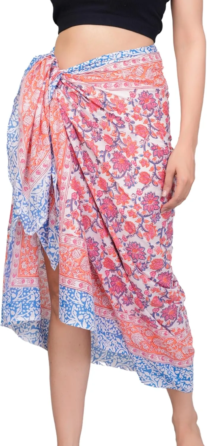 100% Cotton Swimsuit Beach Sarong Cover Ups for Women Swimwear Pareo Indian Hand Block Print Beach Bikini Wrap Skirt