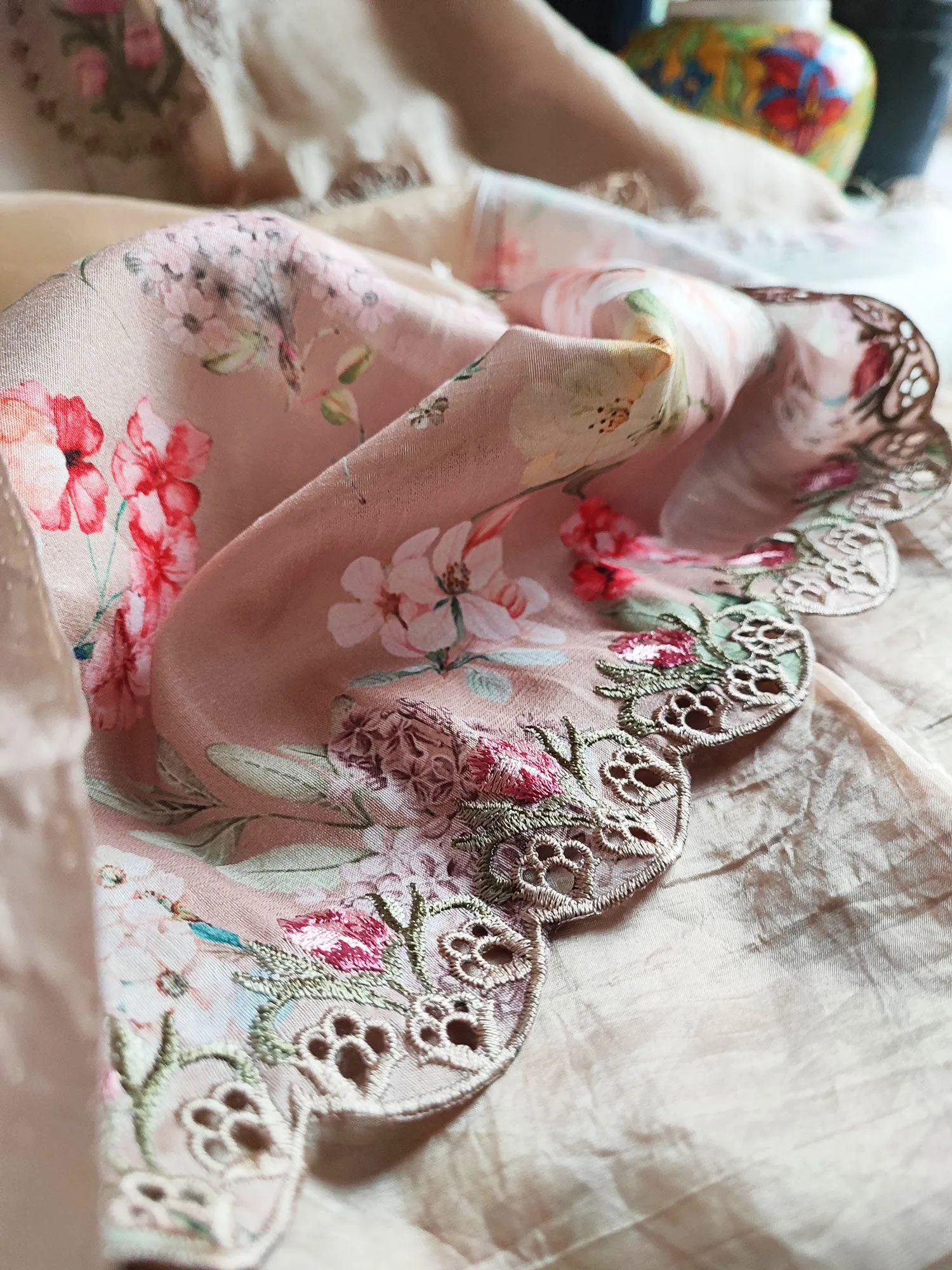 Beige Crushed Organza Tissue Silk Saree With Cut Work & Embroidery