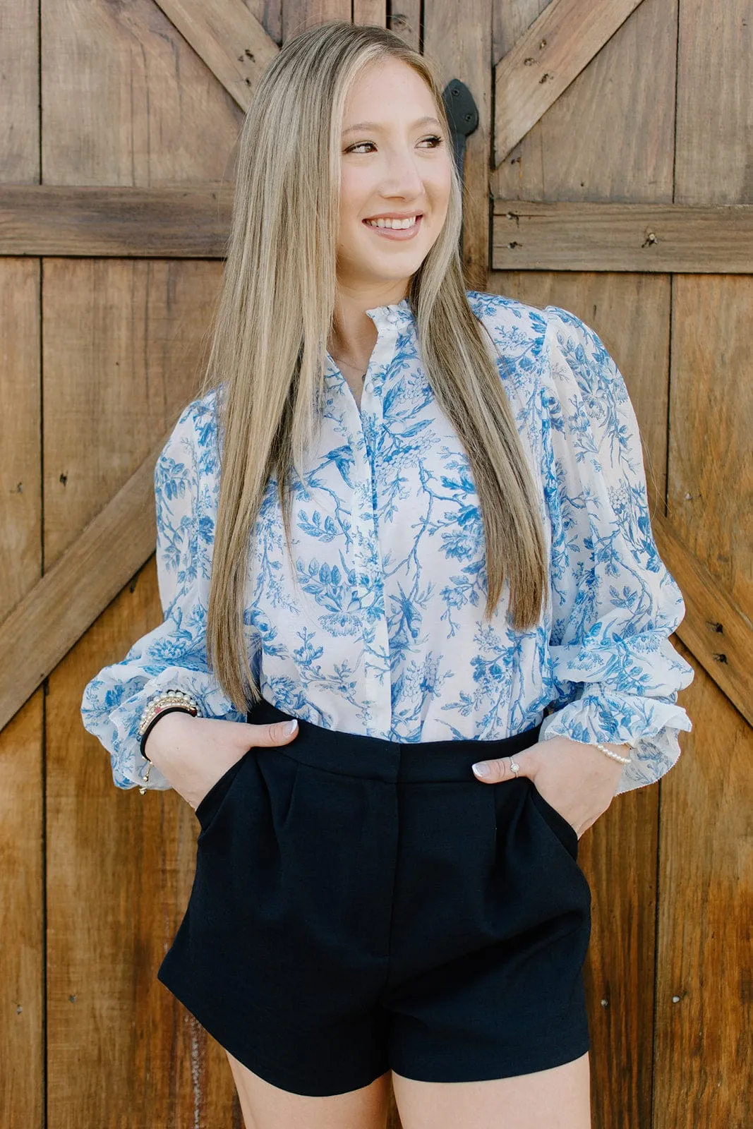 Blue Floral Ruffle Neck Blouse