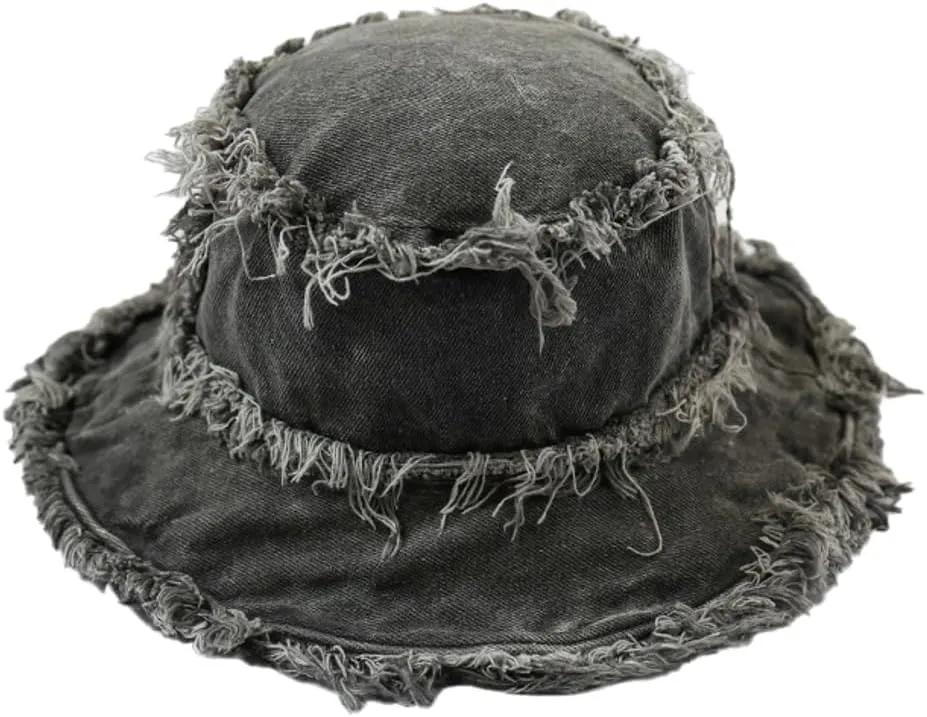 Bucket Hat Denim Fisherman Hat for Women Fringe Wide Brim Summer UV Protection Sun Hat Distressed Beach Hat