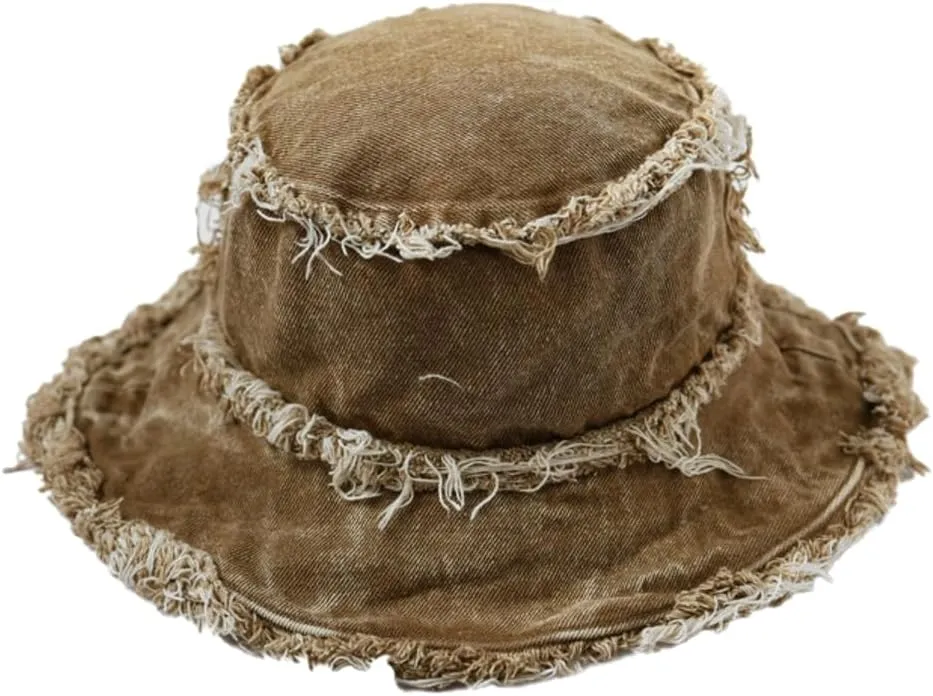 Bucket Hat Denim Fisherman Hat for Women Fringe Wide Brim Summer UV Protection Sun Hat Distressed Beach Hat