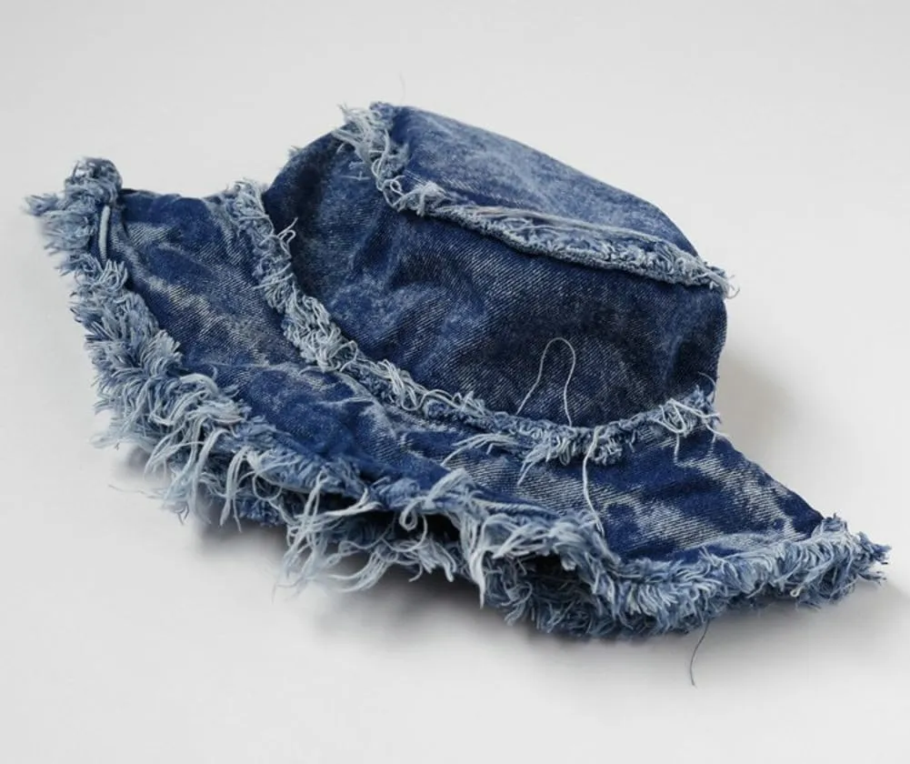 Bucket Hat Denim Fisherman Hat for Women Fringe Wide Brim Summer UV Protection Sun Hat Distressed Beach Hat