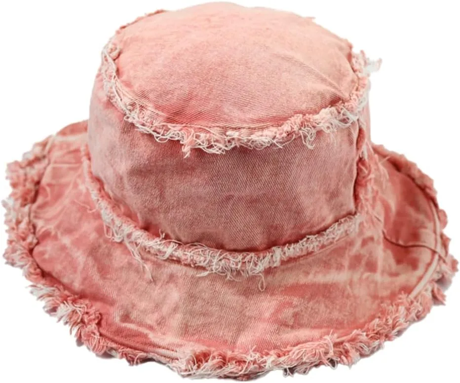 Bucket Hat Denim Fisherman Hat for Women Fringe Wide Brim Summer UV Protection Sun Hat Distressed Beach Hat