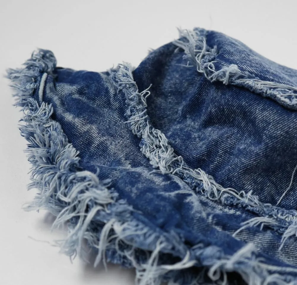 Bucket Hat Denim Fisherman Hat for Women Fringe Wide Brim Summer UV Protection Sun Hat Distressed Beach Hat