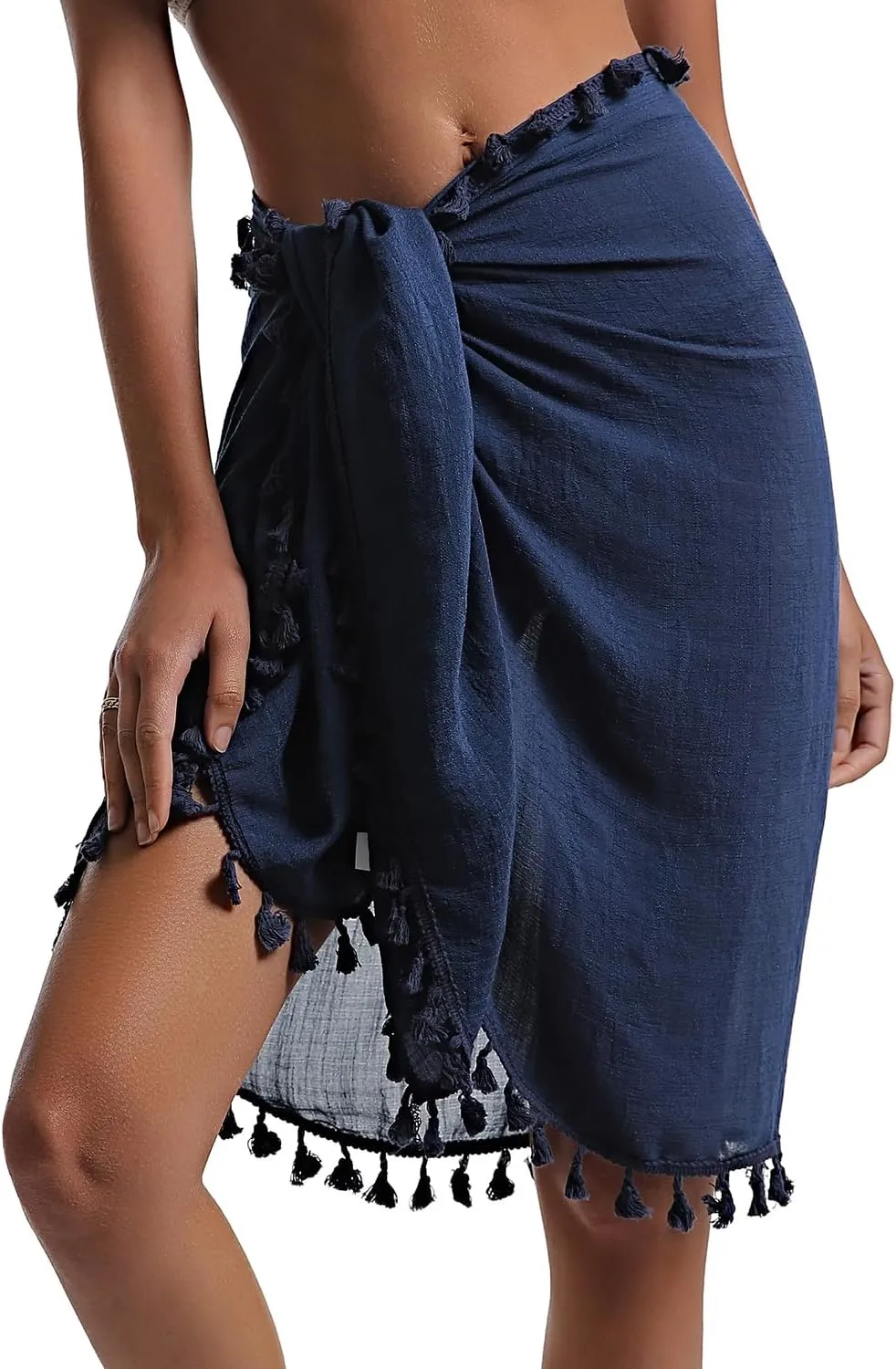 Eicolorte Beach Sarong Pareo Womens Semi-Sheer Swimwear Cover Ups Short Skirt with Tassels