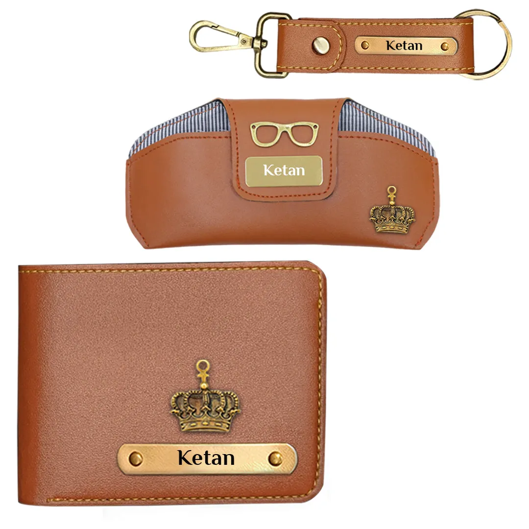 Elegant Tan Gift Set: Wallet, Keychain & Sunglasses Case for Men