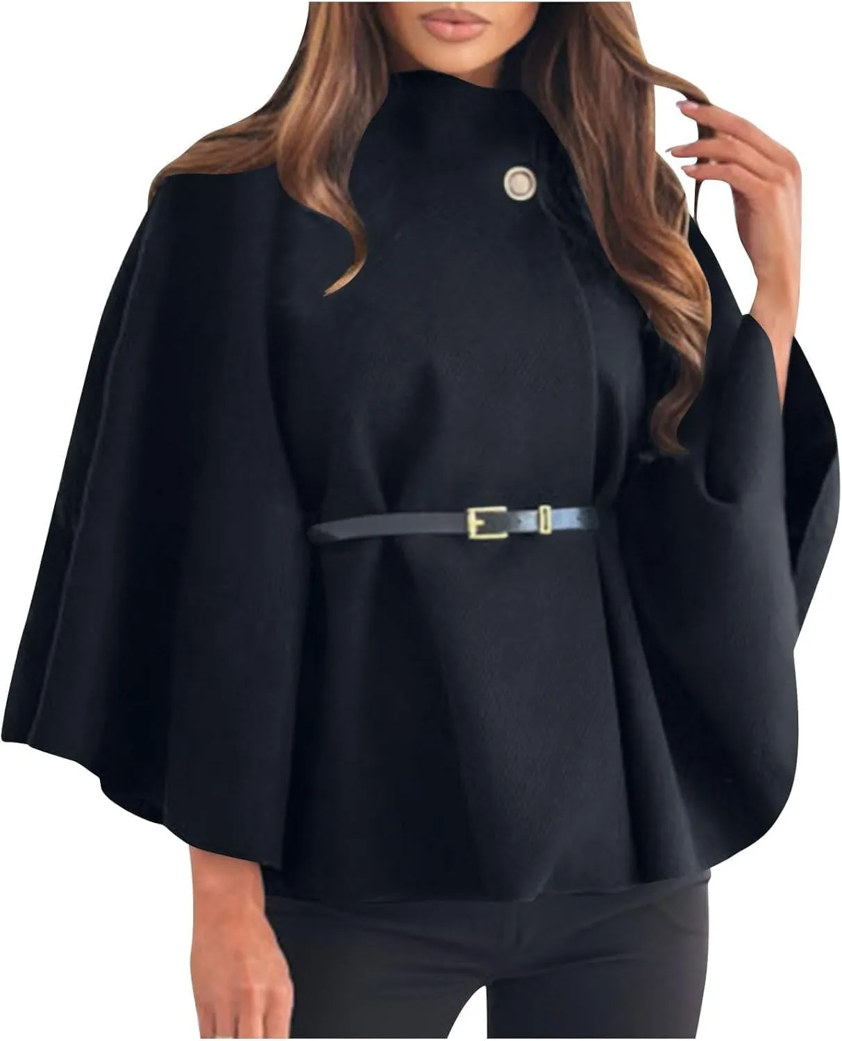 Elegant Womens Winter Coat - Wool Blend Batwing Poncho Cape Jacket with Belt and Stand Collar, Stylish Outerwear