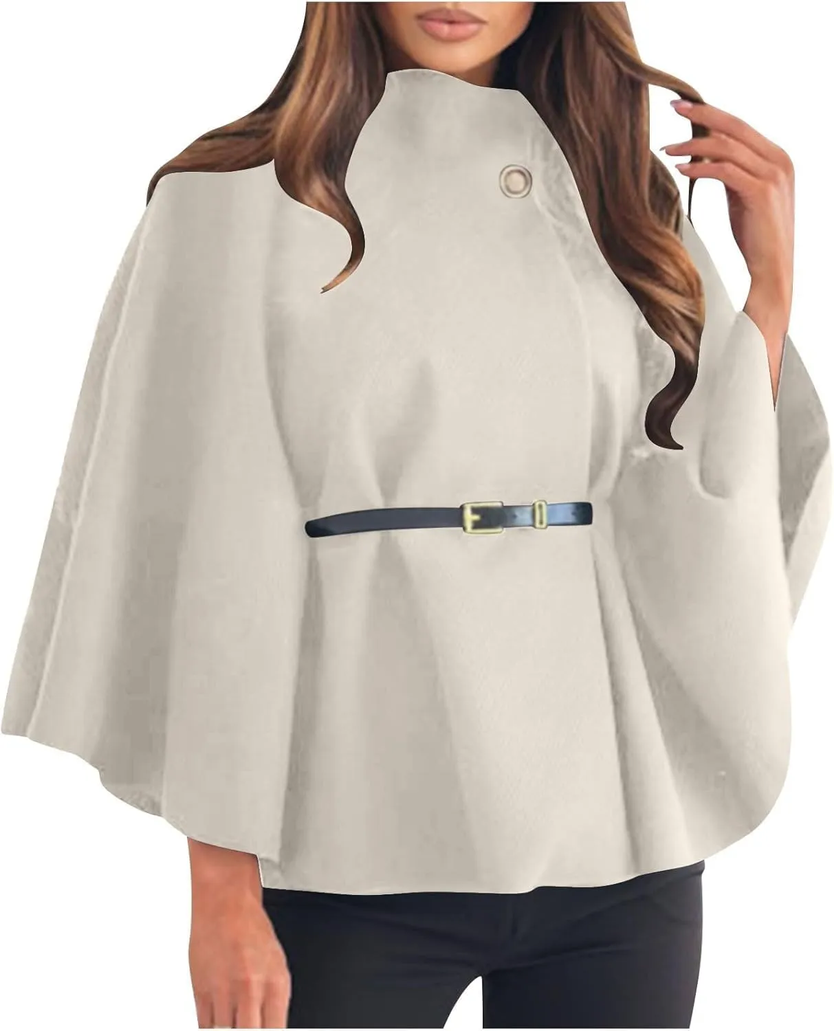 Elegant Womens Winter Coat - Wool Blend Batwing Poncho Cape Jacket with Belt and Stand Collar, Stylish Outerwear