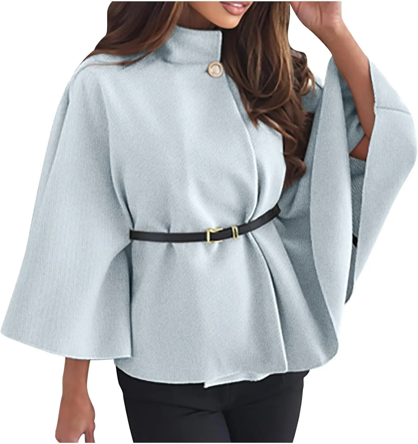 Elegant Womens Winter Coat - Wool Blend Batwing Poncho Cape Jacket with Belt and Stand Collar, Stylish Outerwear