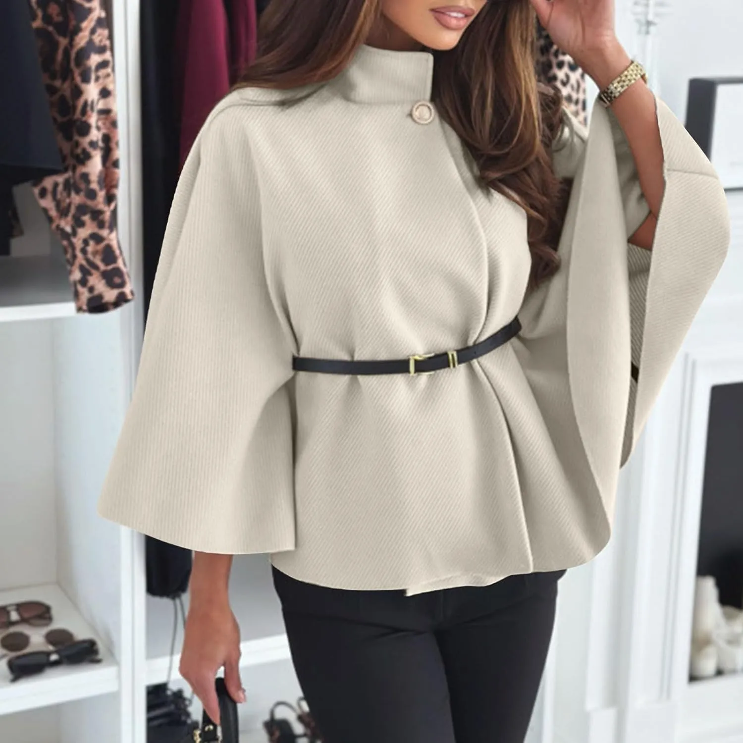 Elegant Womens Winter Coat - Wool Blend Batwing Poncho Cape Jacket with Belt and Stand Collar, Stylish Outerwear