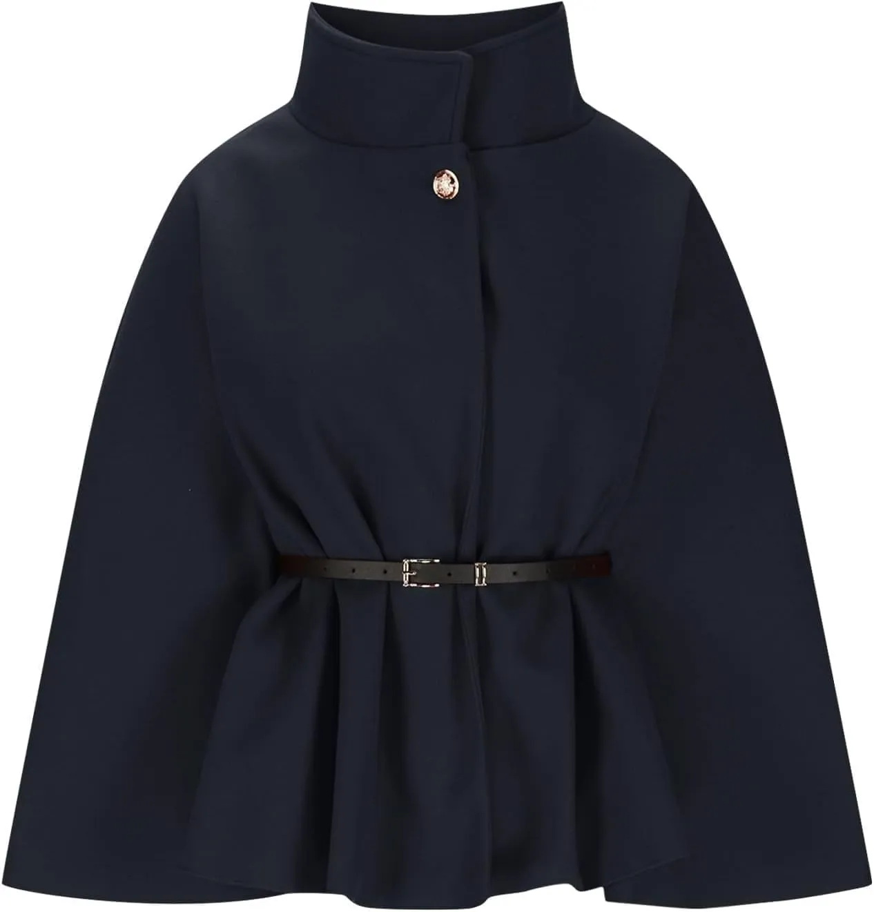 Elegant Womens Winter Coat - Wool Blend Batwing Poncho Cape Jacket with Belt and Stand Collar, Stylish Outerwear