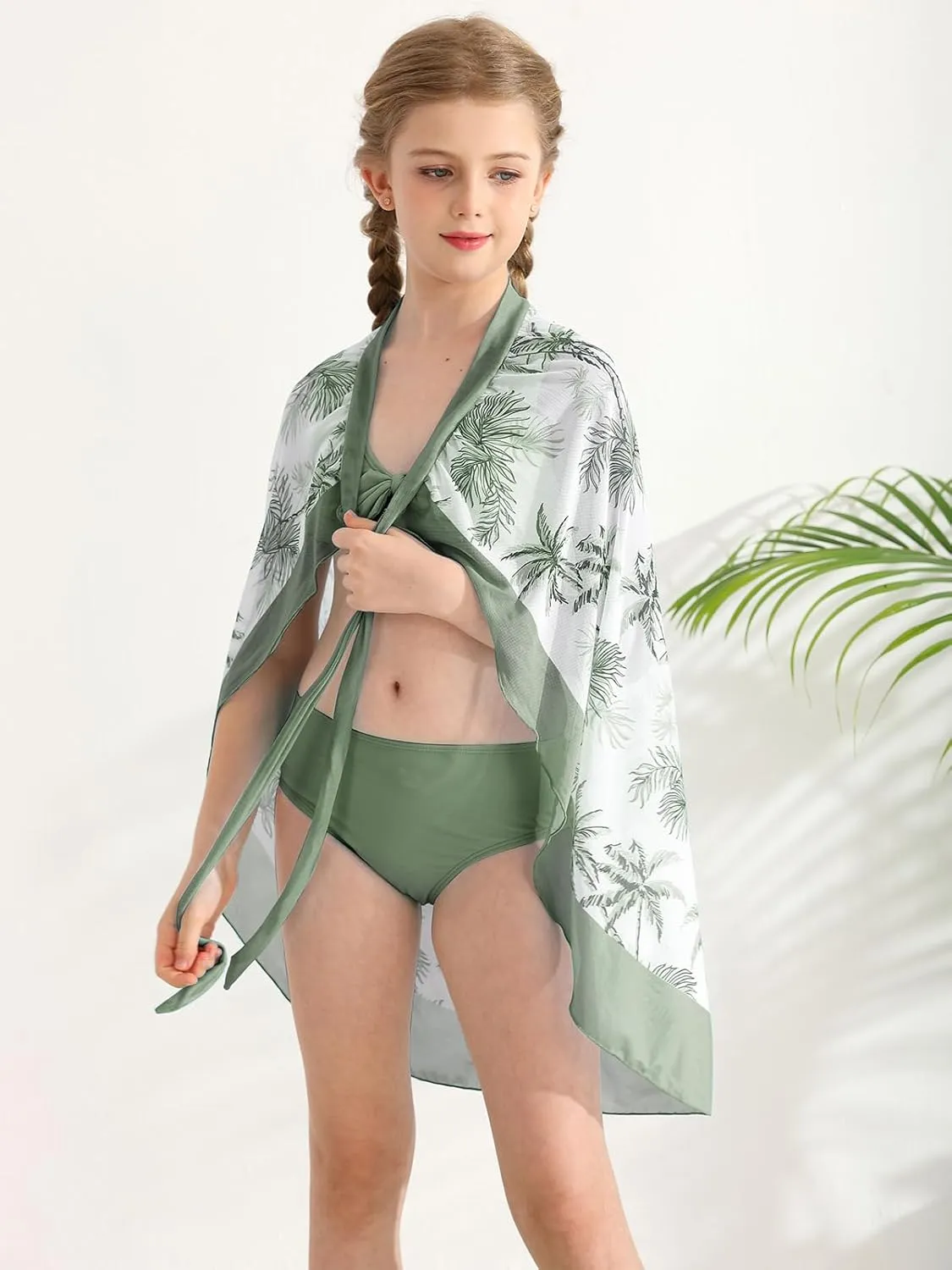 ESHOO Girls Swimsuits 3 Piece Bikinis Sets with Cover Up Skirt Warp Bathing Suit Beach Swimwear for Teen Girls 10-14 Years