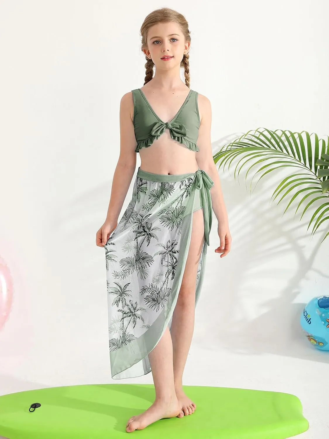 ESHOO Girls Swimsuits 3 Piece Bikinis Sets with Cover Up Skirt Warp Bathing Suit Beach Swimwear for Teen Girls 10-14 Years