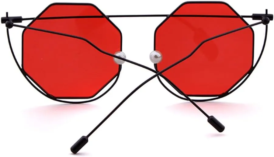 Eyewear Women Men Octagon Clear Sunglasses Vintage Hollow Out Pearl Red Sun Glasses UV400