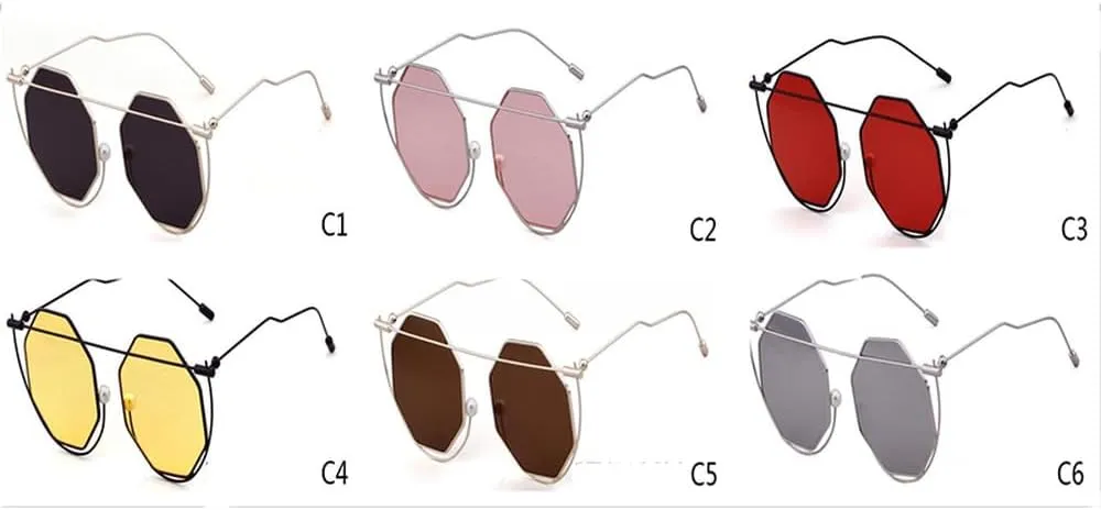 Eyewear Women Men Octagon Clear Sunglasses Vintage Hollow Out Pearl Red Sun Glasses UV400