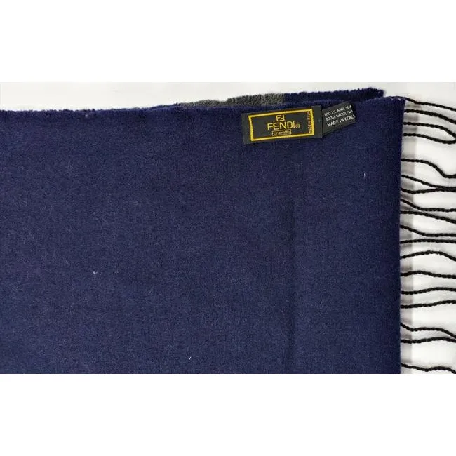 Fendi Grey Logo Print On Blue Wool Scarf
