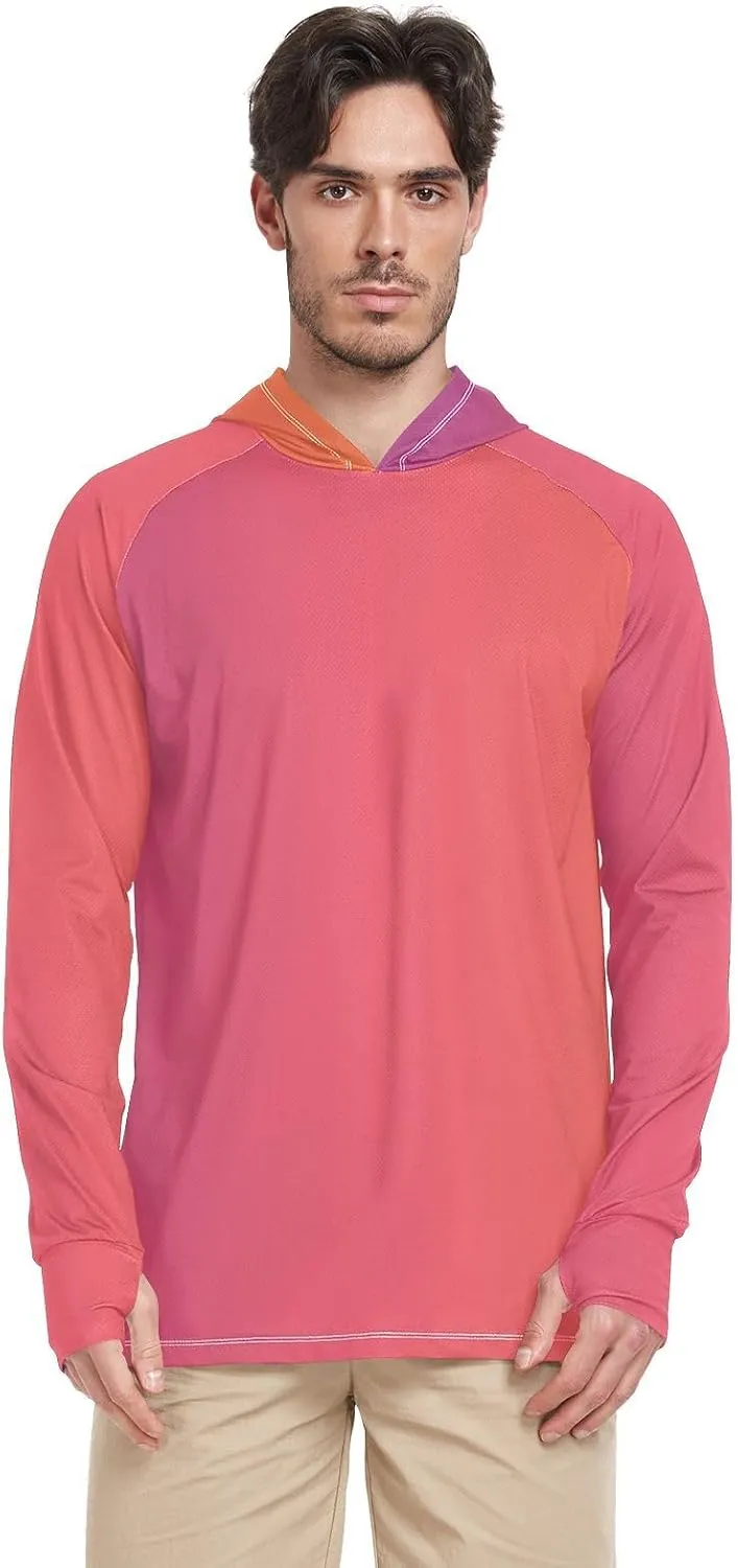 GAIGEO Light Sun Hoodie Mens, Breathable Mens Summer Long Sleeve Shirts, Red Purple Gradient S