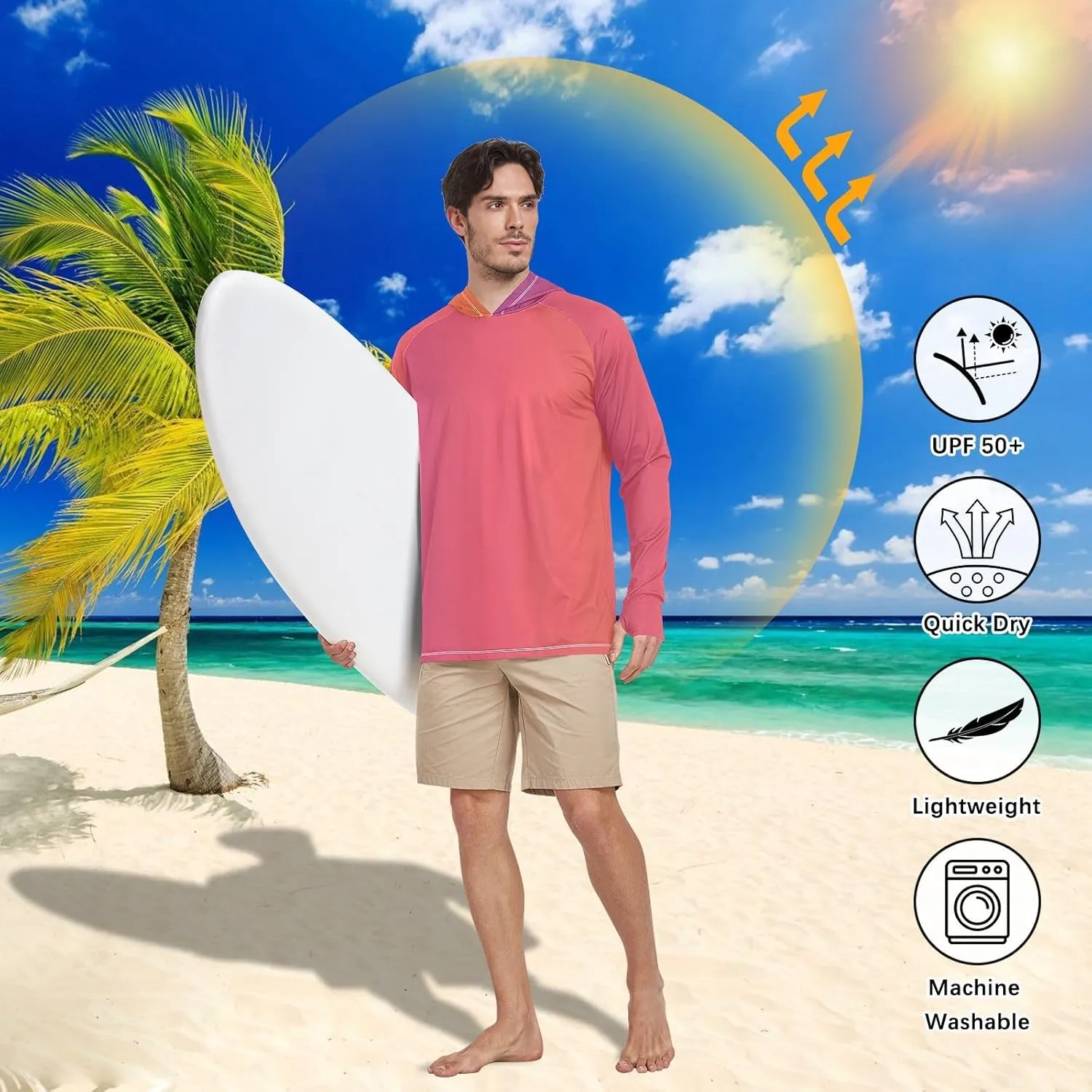 GAIGEO Light Sun Hoodie Mens, Breathable Mens Summer Long Sleeve Shirts, Red Purple Gradient S