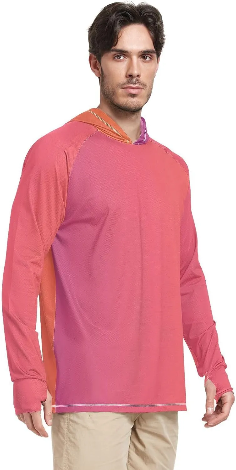 GAIGEO Light Sun Hoodie Mens, Breathable Mens Summer Long Sleeve Shirts, Red Purple Gradient S