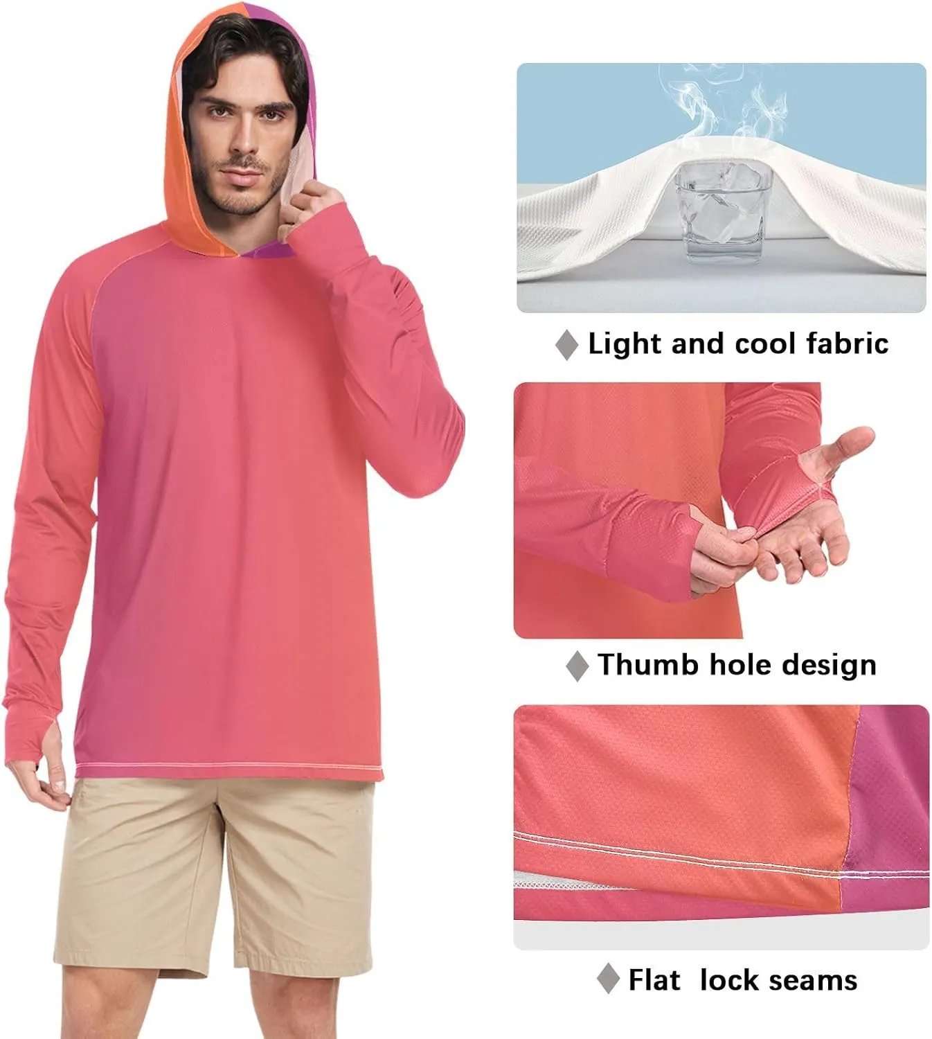 GAIGEO Light Sun Hoodie Mens, Breathable Mens Summer Long Sleeve Shirts, Red Purple Gradient S