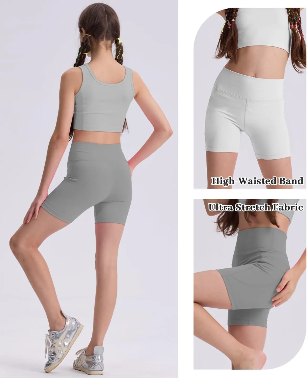 Girls 4'' High Waisted Biker Shorts, Stretchy Athletic Running Workout Shorts for Teen Kids