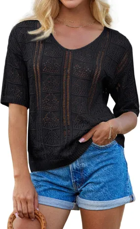 GRACE KARIN Women 2025 Summer Casual Crochet Tops Short Sleeve Sweater V Neck Hollow Out Knit Pullover Beach Coverup