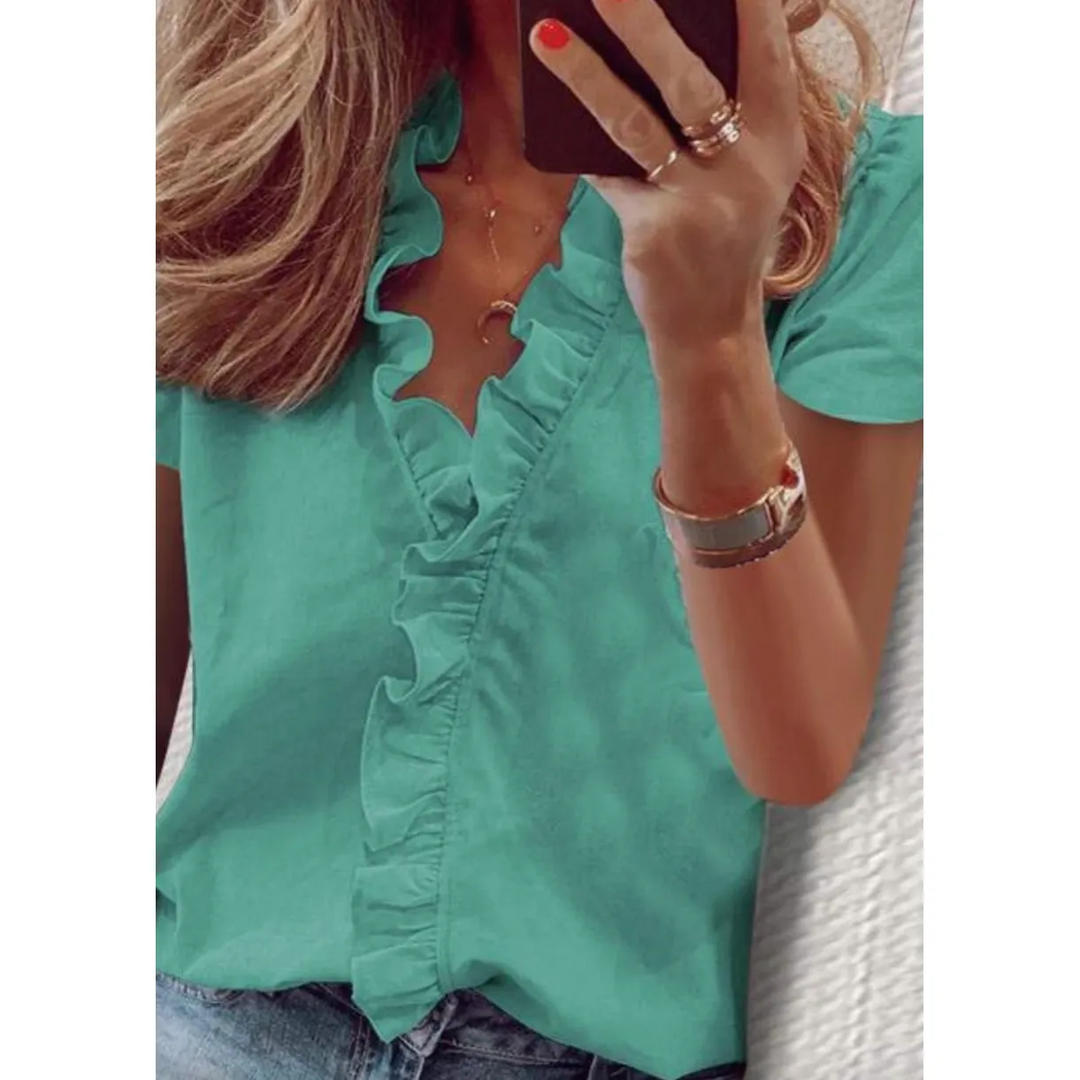 Green Short Sleeve Everyday Blouse