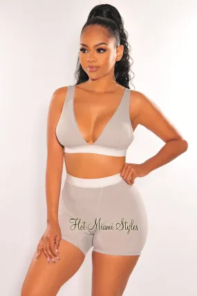 HMS Lounge: Light Gray White Ribbed Bralette Biker Shorts Two Piece Set