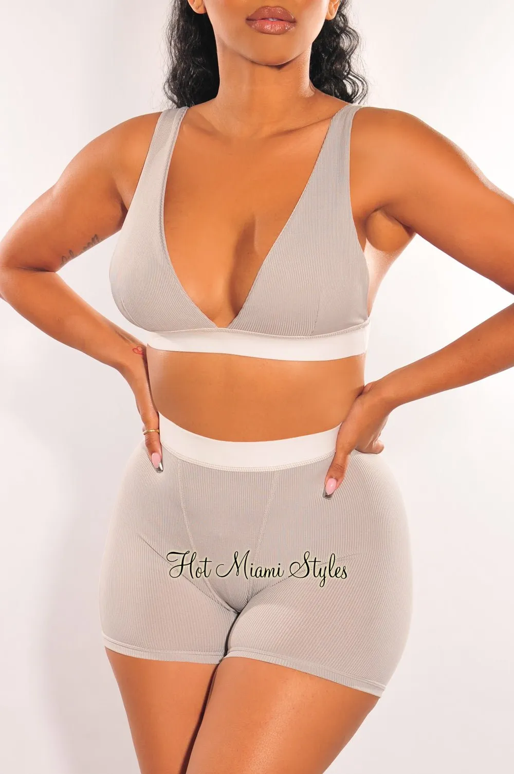 HMS Lounge: Light Gray White Ribbed Bralette Biker Shorts Two Piece Set