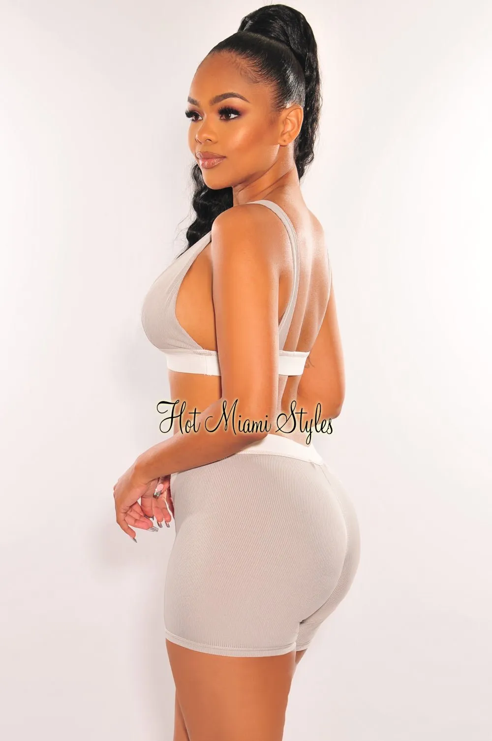 HMS Lounge: Light Gray White Ribbed Bralette Biker Shorts Two Piece Set