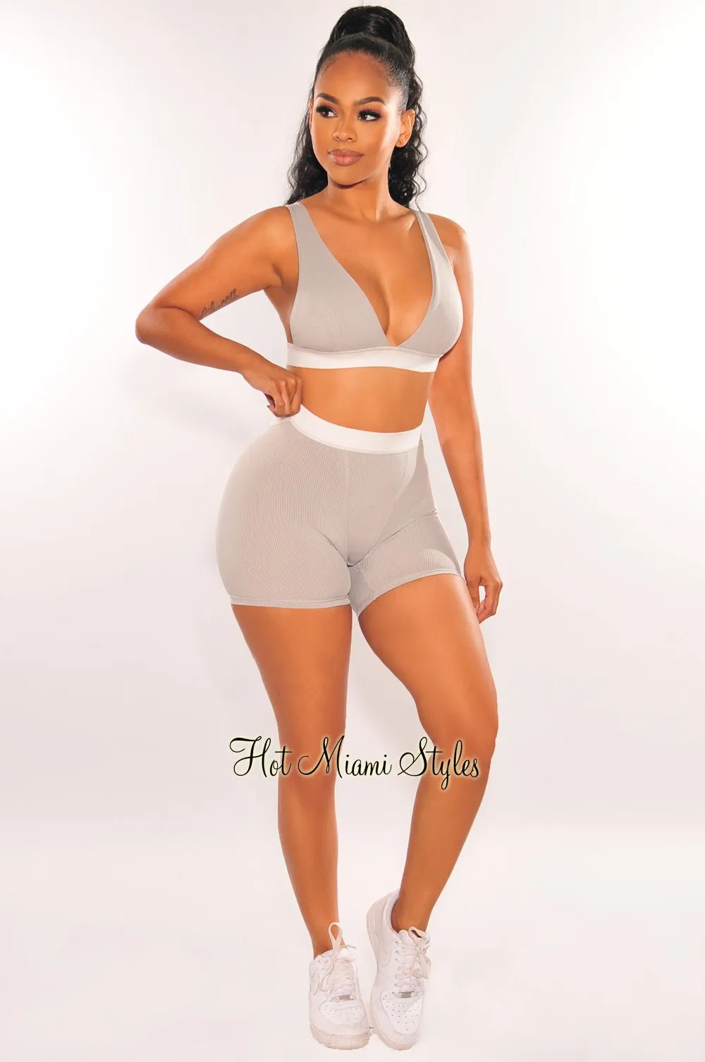 HMS Lounge: Light Gray White Ribbed Bralette Biker Shorts Two Piece Set