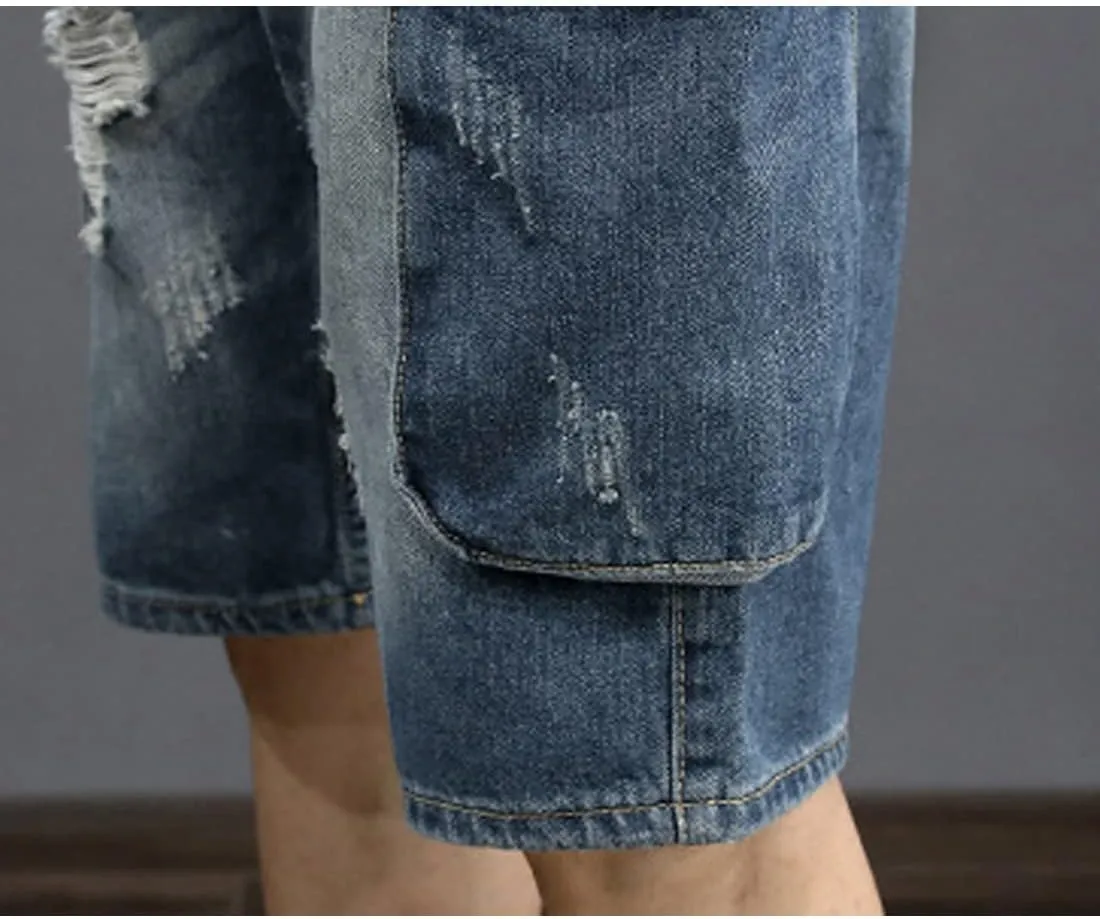 HZCX FASHION Mens Cargo Shorts Ripped Relaxed Fit 11 Inch Inseam Denim Shorts