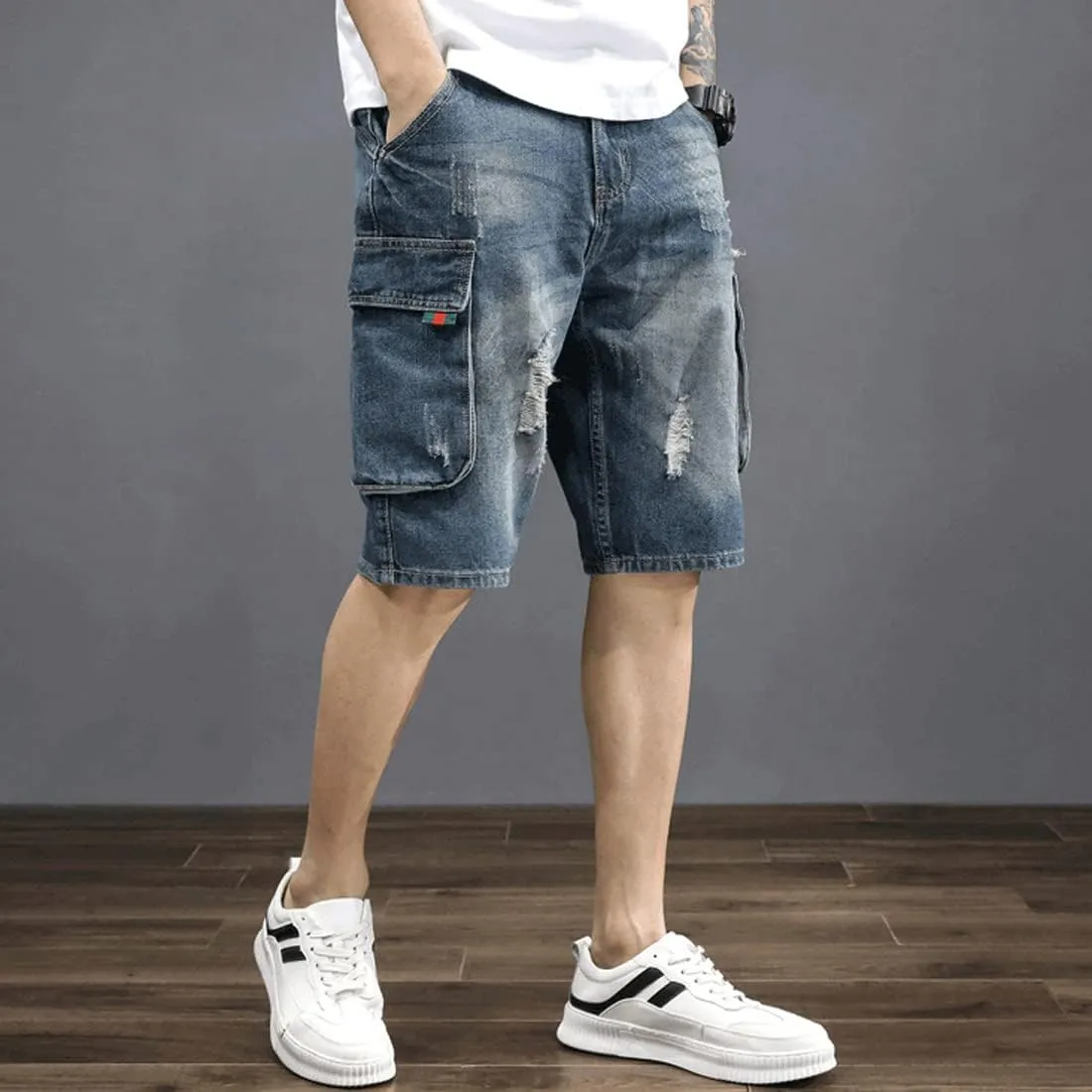 HZCX FASHION Mens Cargo Shorts Ripped Relaxed Fit 11 Inch Inseam Denim Shorts