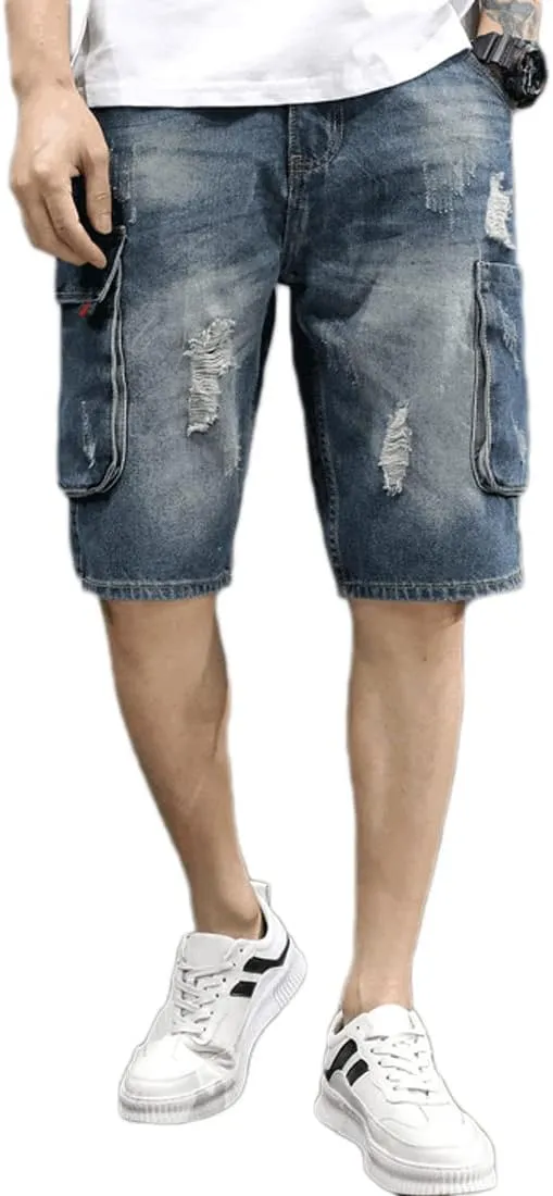 HZCX FASHION Mens Cargo Shorts Ripped Relaxed Fit 11 Inch Inseam Denim Shorts