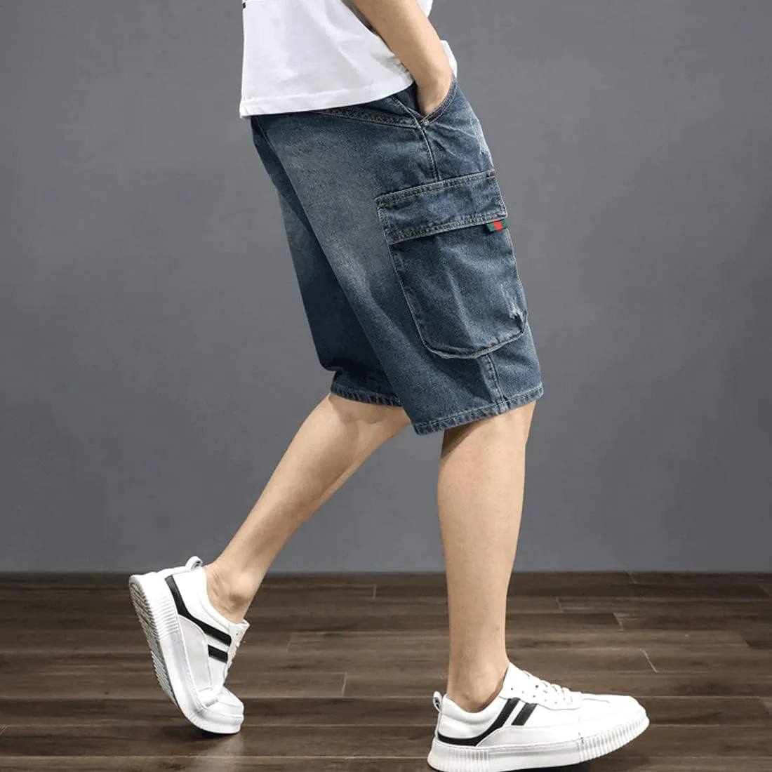 HZCX FASHION Mens Cargo Shorts Ripped Relaxed Fit 11 Inch Inseam Denim Shorts