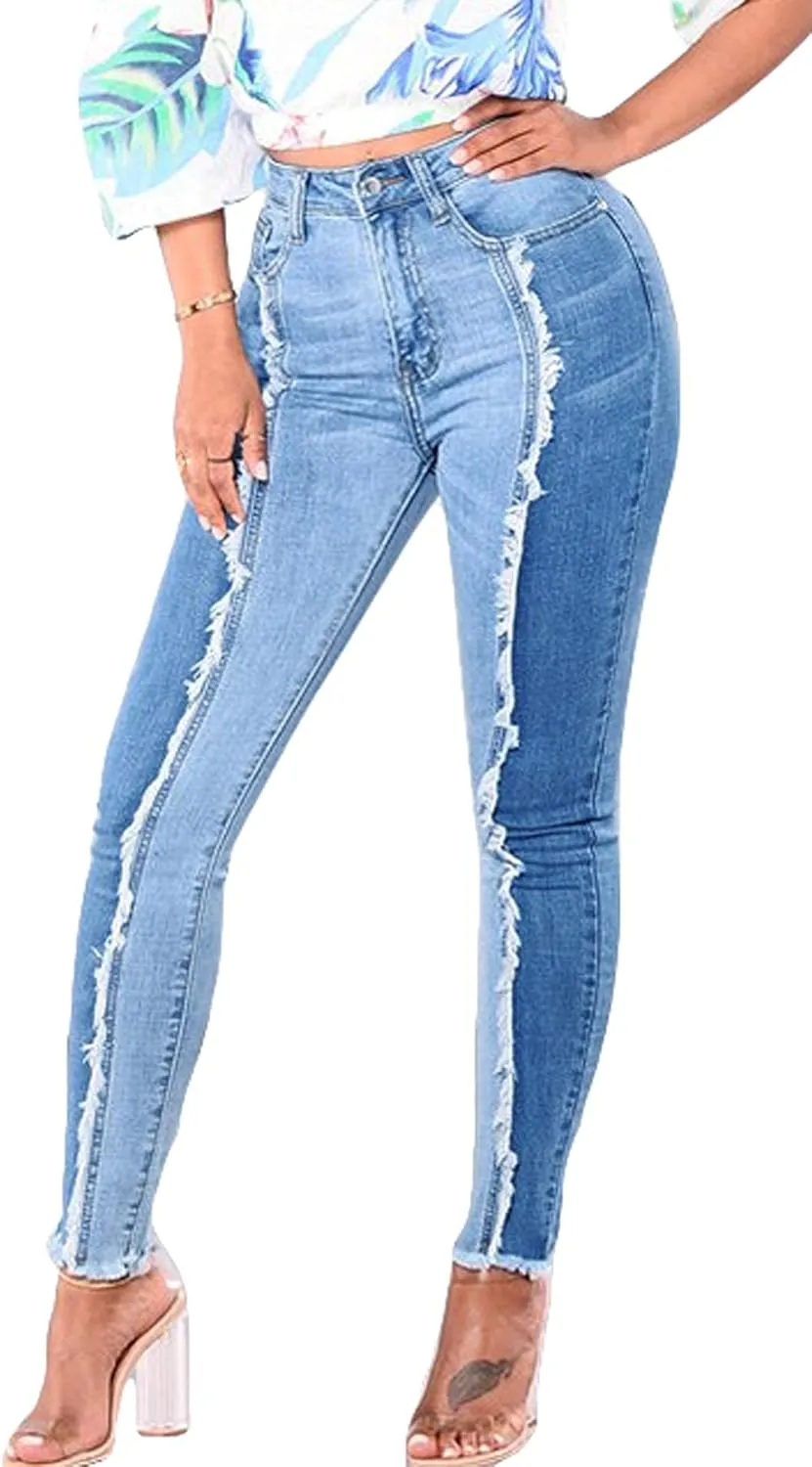 Itemnew ebossy Women Fashion Stylish Stretch Butt-Lift Color Block Fringed Skinny Jean Pants (X-Large, Blue)