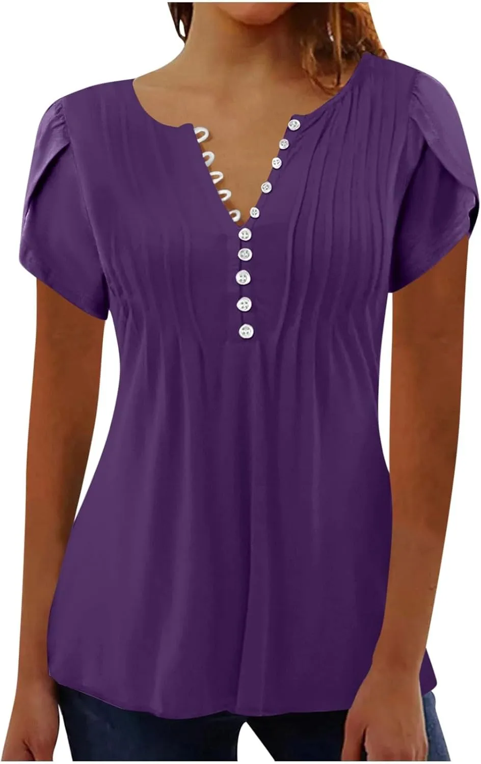 JOAU Women's Petal Short Sleeve Flowy Tunic Tops Dressy Casual Summer Pleated Front Blouses Loose V Neck Button Henley Shirts