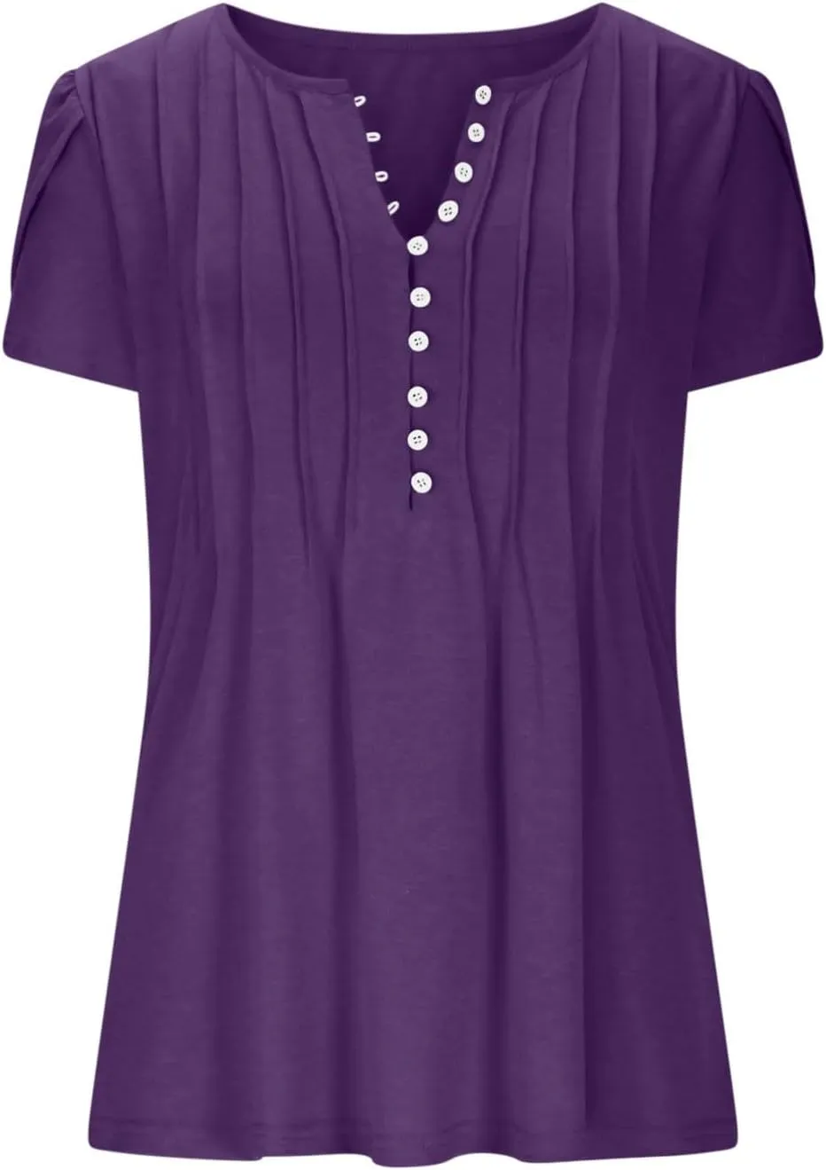JOAU Women's Petal Short Sleeve Flowy Tunic Tops Dressy Casual Summer Pleated Front Blouses Loose V Neck Button Henley Shirts