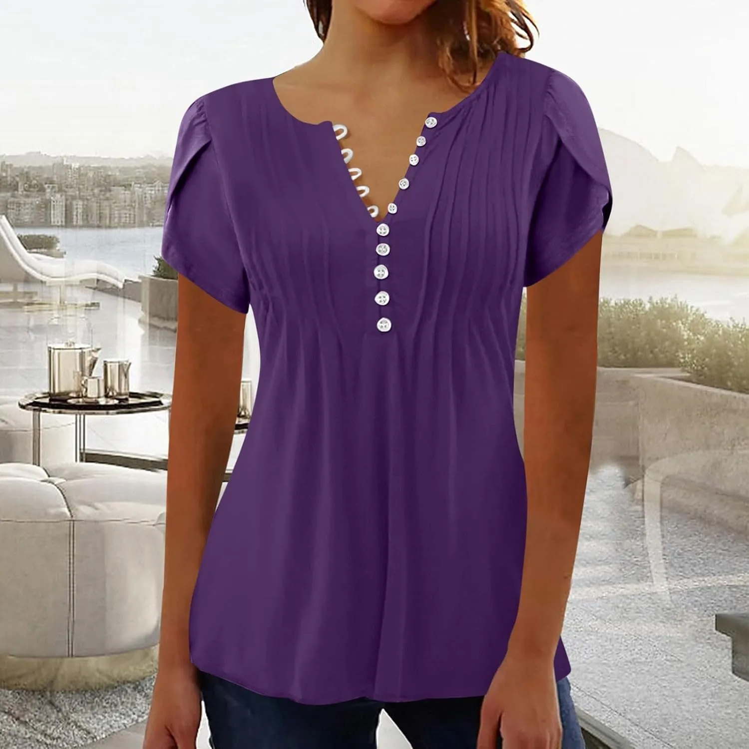 JOAU Women's Petal Short Sleeve Flowy Tunic Tops Dressy Casual Summer Pleated Front Blouses Loose V Neck Button Henley Shirts