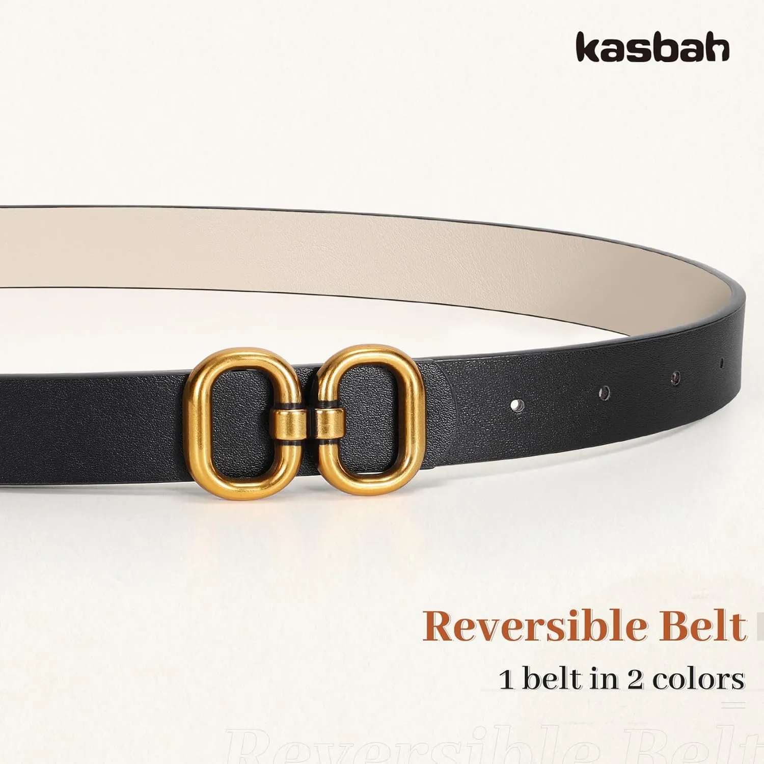 KASBAH Women Reversible Leather Belt for Jeans Dresses Two-in-One Ladies Waist Belt With Gold Buckle