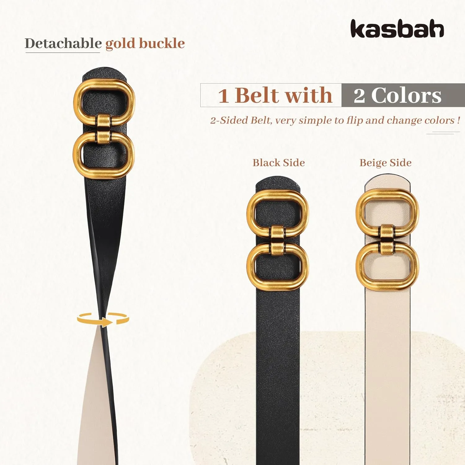 KASBAH Women Reversible Leather Belt for Jeans Dresses Two-in-One Ladies Waist Belt With Gold Buckle