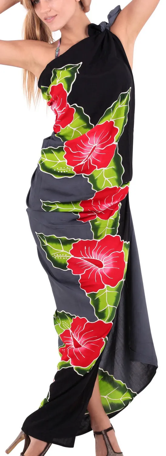 LA LEELA Bathing Towel Beach Womens Sarong Bikini Cover up Black & Grey Floral printed