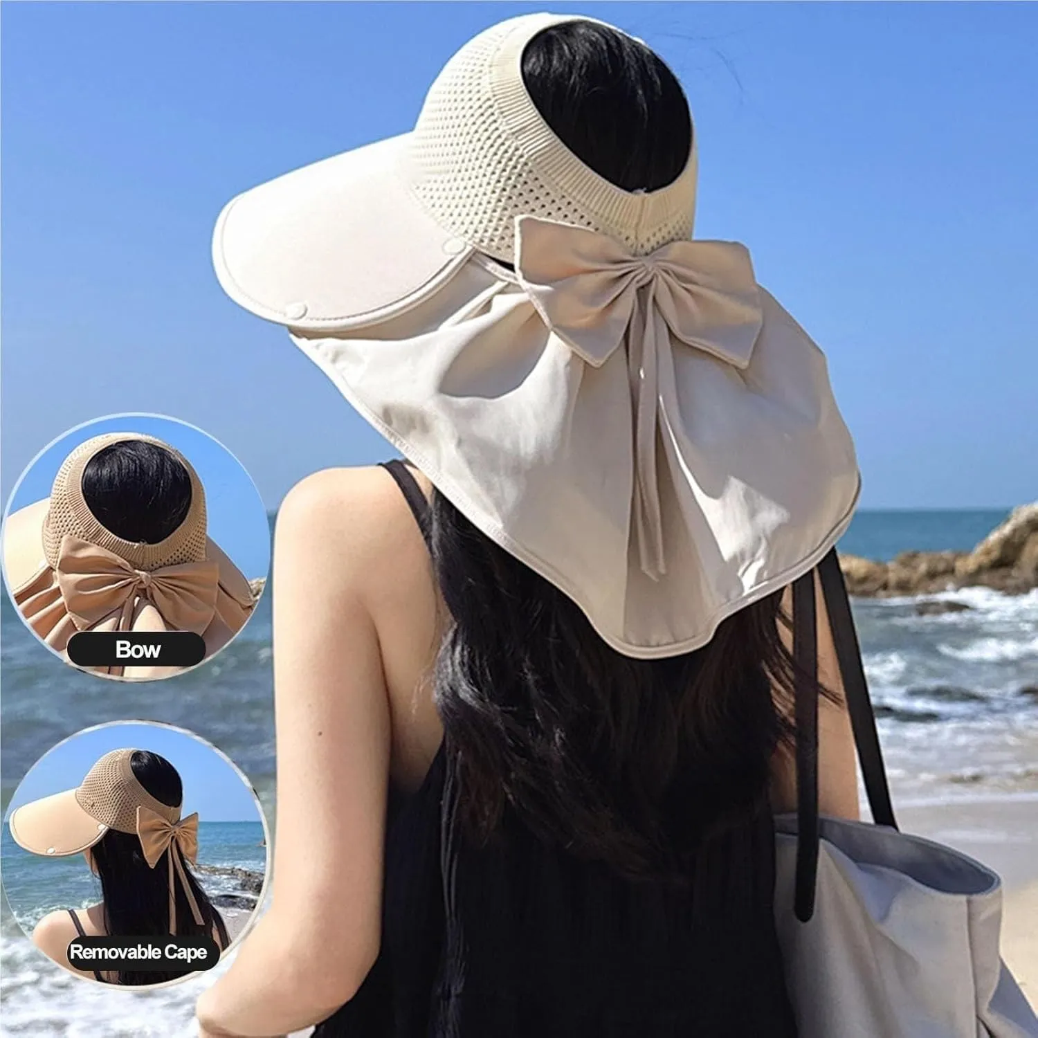 Large-Brim Hollow Sunscreen Hat with Removable Neck Shawl, Women Large Brim Sun Hat with Bowknot Neck Flap Shawl