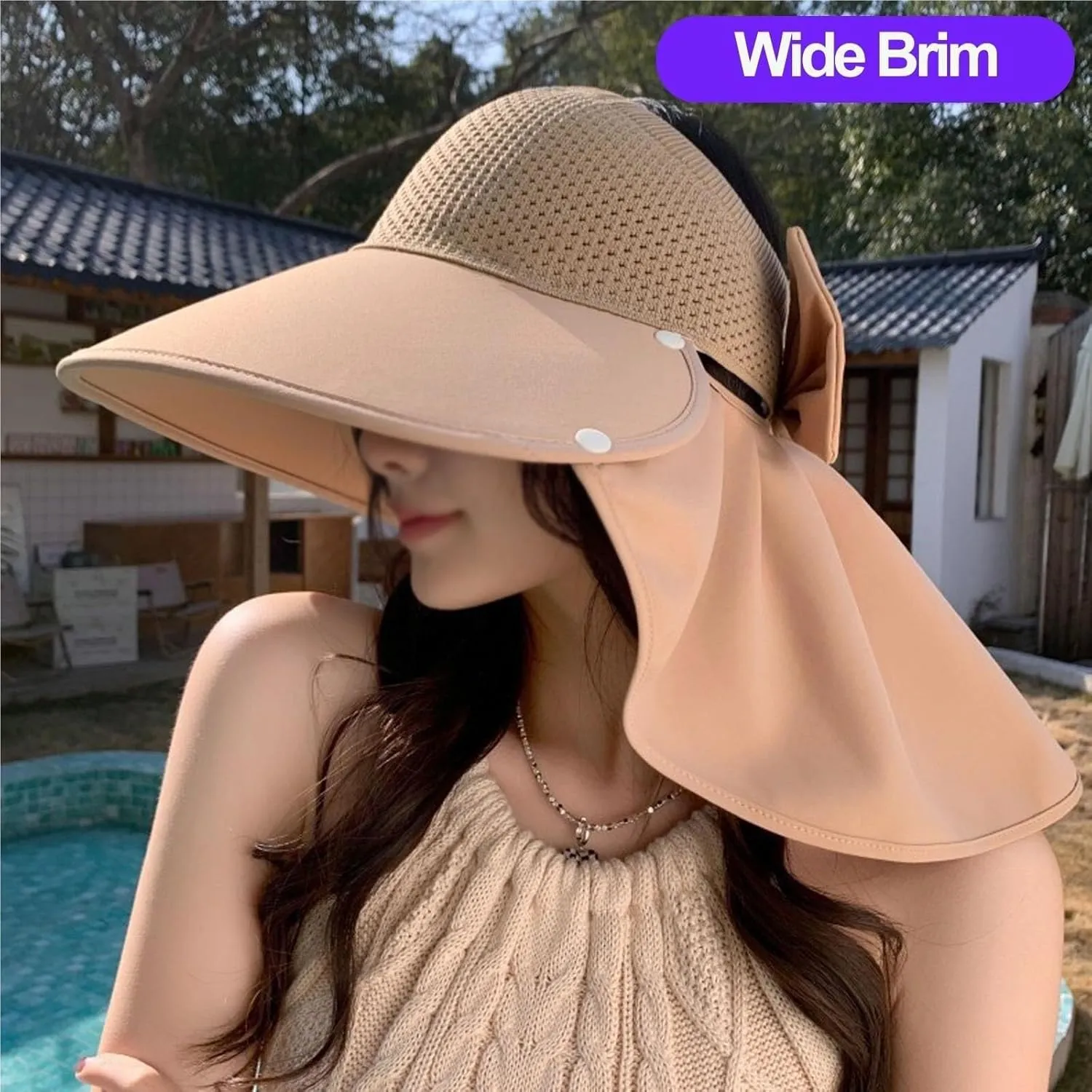 Large-Brim Hollow Sunscreen Hat with Removable Neck Shawl, Women Large Brim Sun Hat with Bowknot Neck Flap Shawl