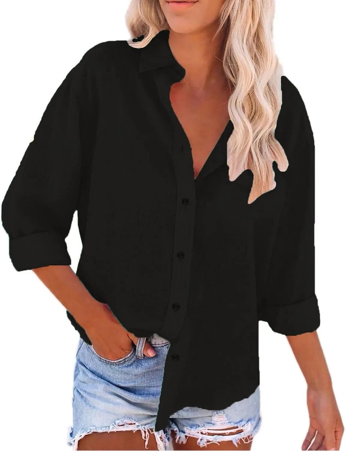 Linen Crop Tops for Women Linen Shirts for Women with Pockets Long Sleeve Button Down Sleeve T-Shirt Half Button V
