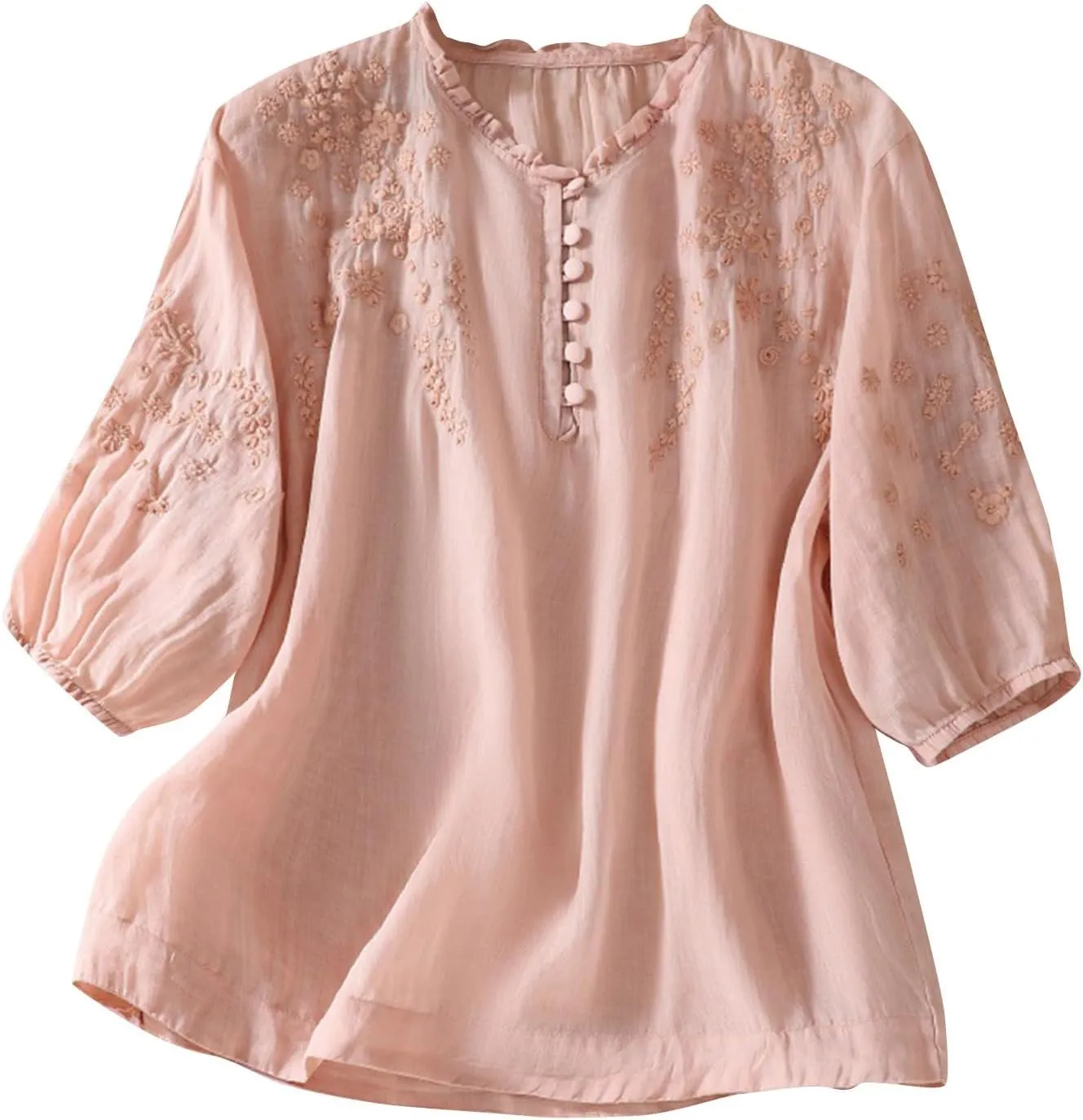 Linen Shirt Women Summer Flowy Elbow Sleeve Shirts Cute Vintage Embroidered Top Button Short Henley Tee Dressy Blouse