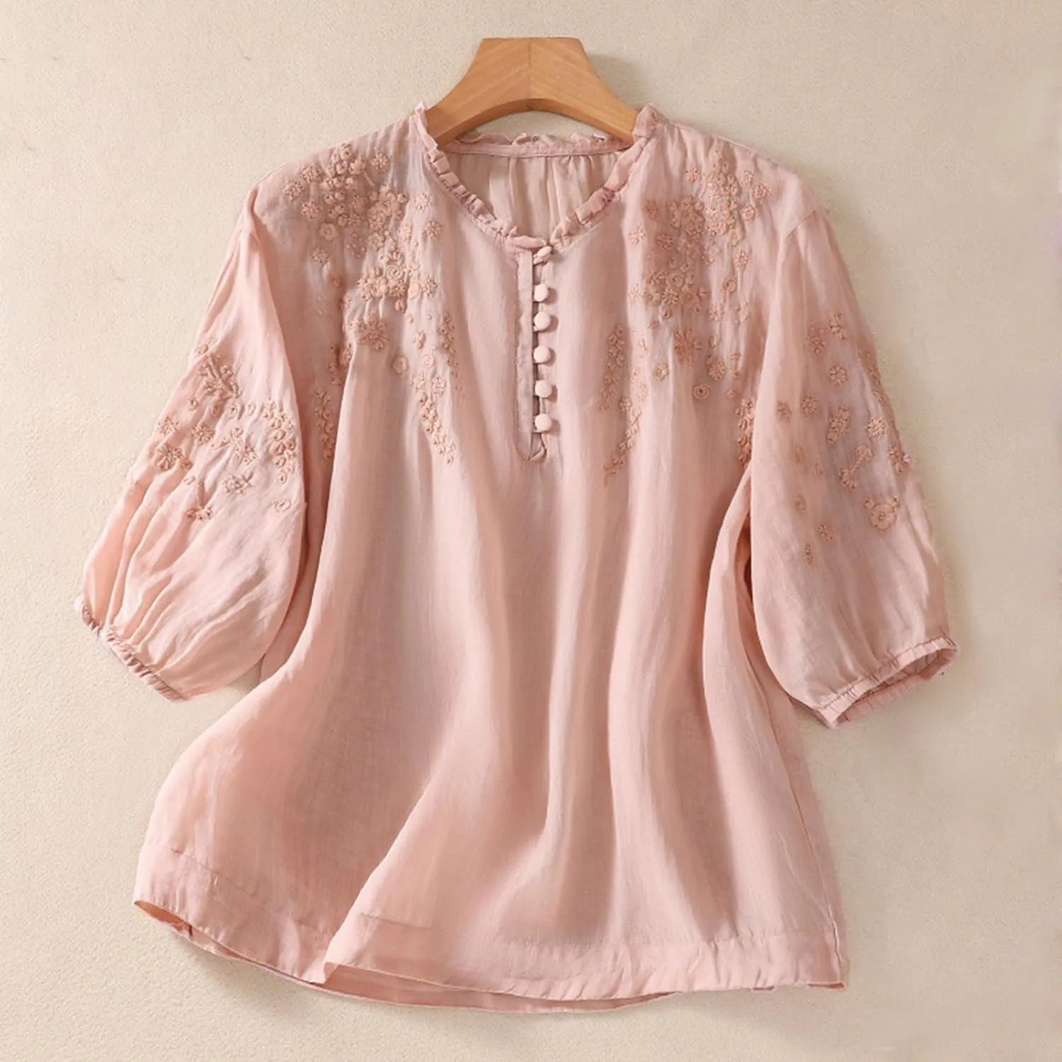 Linen Shirt Women Summer Flowy Elbow Sleeve Shirts Cute Vintage Embroidered Top Button Short Henley Tee Dressy Blouse